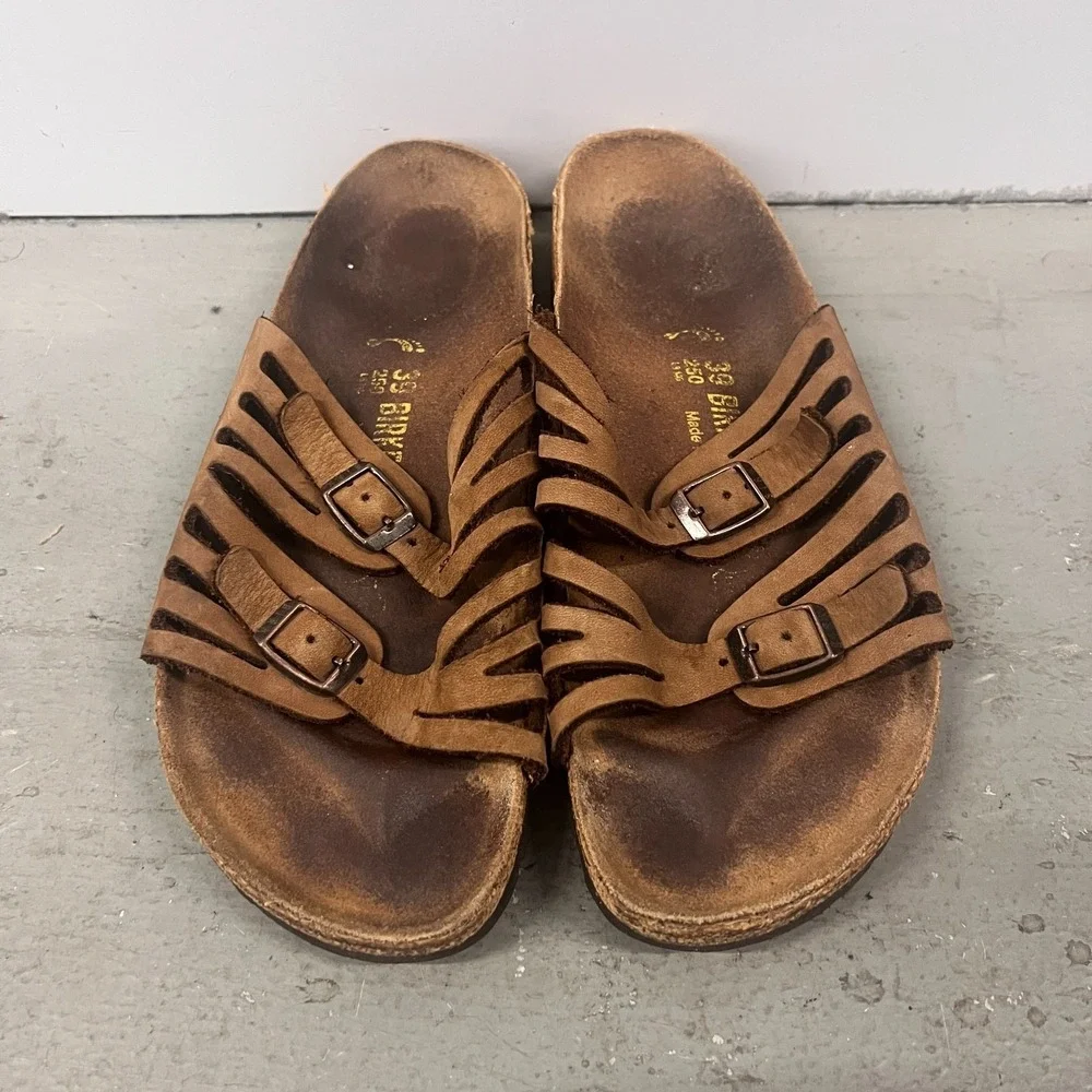Birkenstock Granada Sandals Unisex M6/W8 Brown Leather Open Toe Slip On Slide - Picture 3 of 8